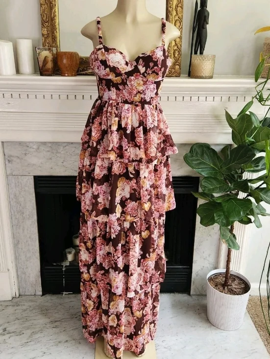 Windsor Brown Floral Maxi Dress Size Medium Pink Boho Fairy Whimsigoth - Picture 2 of 5